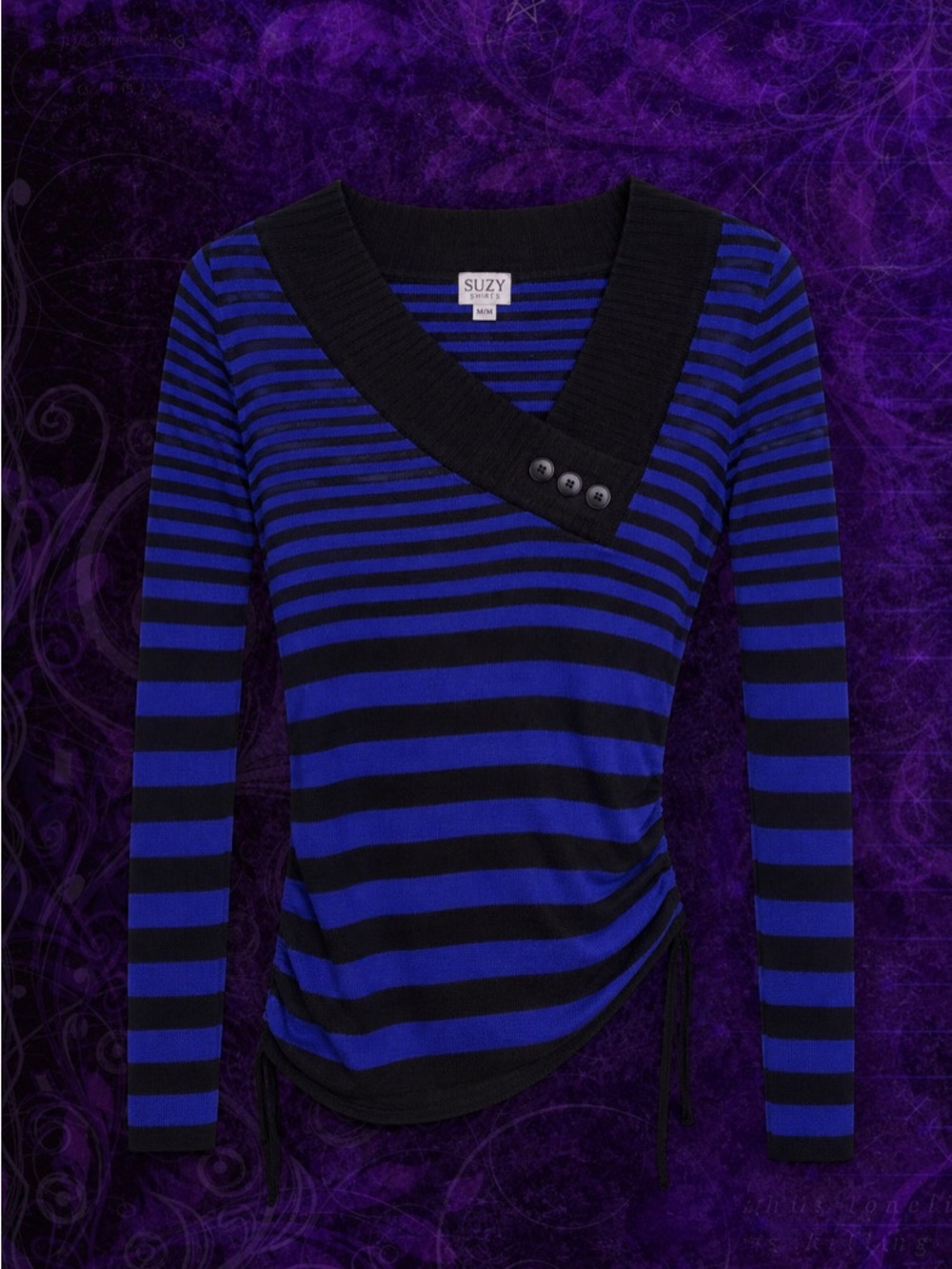 Suzy Shier Black & Blue Striped V-Neck Sweater with Button Detail